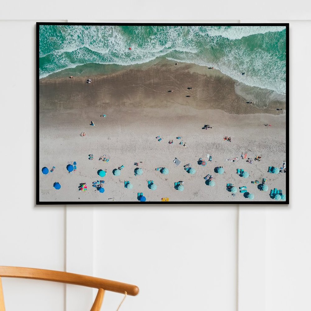 19x13" sandy beach with umbrellas and waves art print photo wall art picture